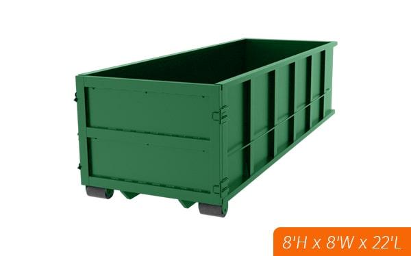 the 40-yard dumpsters are typically 22 feet long, 8 feet wide, and 8 feet tall